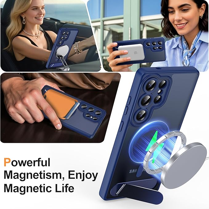 Magnetic for Samsung Galaxy S25 Ultra Case, [Compatible with MagSafe][Full Camera Protection][Built-in Invisible Kickstand] Translucent Matte Phone Case for S25 Ultra 6.9" - Blue