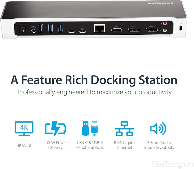 StarTech.com USB-C Triple Monitor Docking Station for MacBook Pro / Air M1 M2 M3 M4 & Windows, Universal 4K HDMI DP Dock, Thunderbolt Compatible, 100W Laptop Charging - TAA, Black, Silver