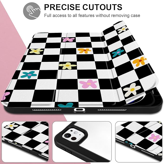 Case for iPad Pro 11 inch (M5) 2025 (M4) 2024 Release Slim Lightweight Cute Black Leather Cover with Clear Back TPU Edge Pencil Holder Trifold Stand, Grid