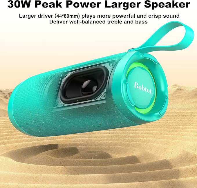 Bobtot Portable Bluetooth Speaker, IPX6 Waterproof Speaker with Punchy Bass, 15W Loud Sound, RGB, 15H Playtime, Dual Pairing for Party, Camping, Beach, Teal