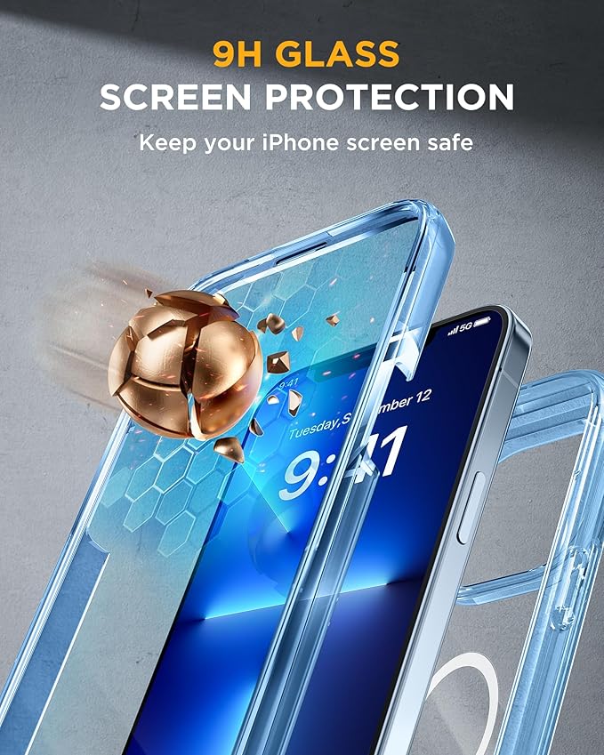 Miracase Magnetic for iPhone 13 Pro Max Case 6.7 inch, (Compatible with MagSafe) Upgrade Full-Body Clear Phone Bumper Case with Built-in 9H Tempered Glass Screen Protector, Magnetic Clear Blue