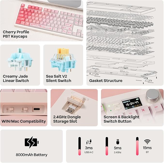 EPOMAKER QK108 Full Size Mechanical Keyboard with Screen & Knob, 8000mAh, Creamy&Thocky, Gasket, RGB Backlit, Mac Keycap, Wireless Gaming Keyboard for Mac/Win (Pink, Sea Salt Silent)