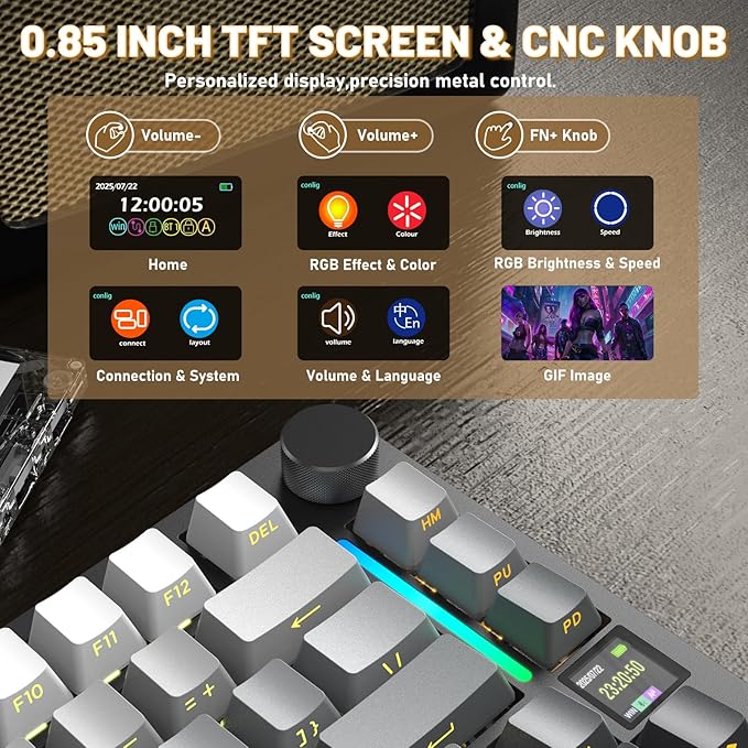 Attack Shark X820Ultra Wireless 75% Mechanical Gaming Keyboard with Screen & Knob Hot Swappable 2.4GHz/BT/Wired RGB Backlit Gasket Mount Side Print PBT Keycap QMK Web Driver Shark Switch-Moonnight