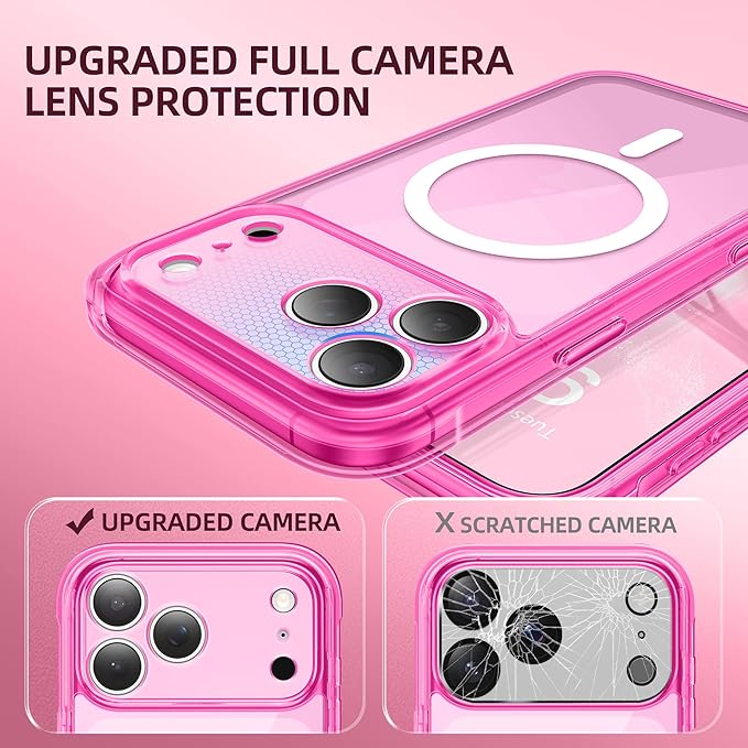 BERFY for iPhone 17 Pro Case, Compatible with MagSafe, Built-in Glass Screen Protector, Camera Protection, Shockproof Full Body Phone case 6.3", Clear Bright Pink