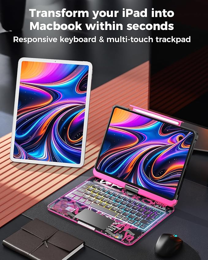 SIBEITU Keyboard Case for iPad Pro 13 Inch (M5 2025 / M4 2024), 360 Rotatable iPad Pro 13 Clear Cover with Multi-Touch Trackpad, 7-Color Backlight & 3 Brightness, High-Tech Visible PCB Design, Pink
