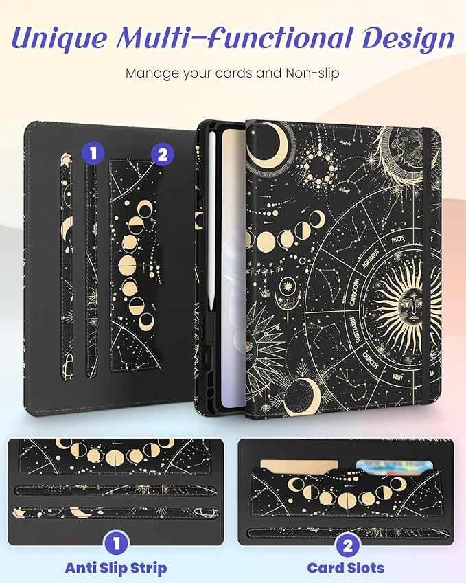 Kidcube for Samsung Galaxy Tab A9 Plus Case 11 Inch - for Women Girls Cute Rotating Stand Folio Cover with Pencil Holder & Card Slot Girly Sun Moon Stars Design Teens for Samsung A9 Plus Tablet Cases