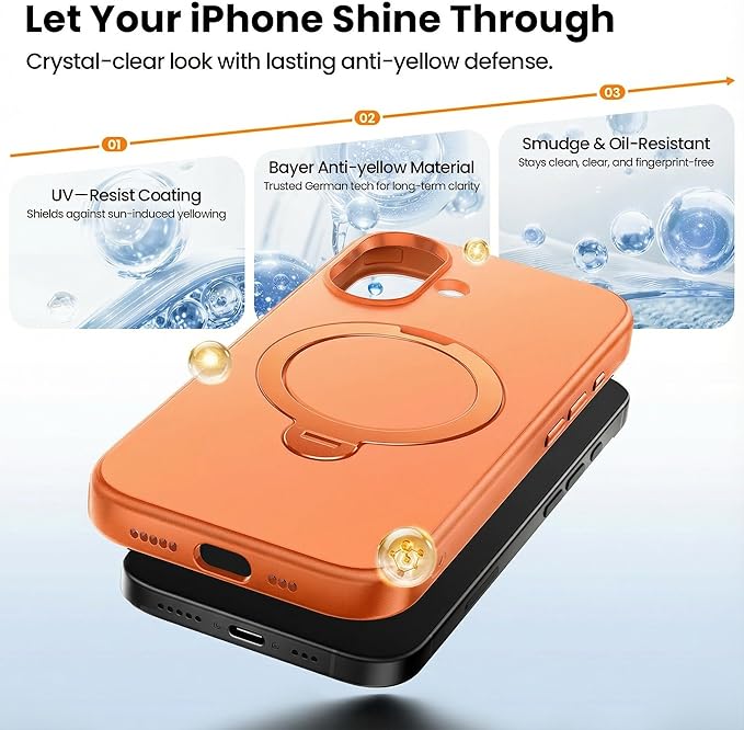 360°Ring Stand for iPhone 17 Case, Compatible with MagSafe, Military-Grade Protective,Anti-Yellowing, Scratch-Resistant Back Cover Phone Case for iPhone 17 6.3", Orange