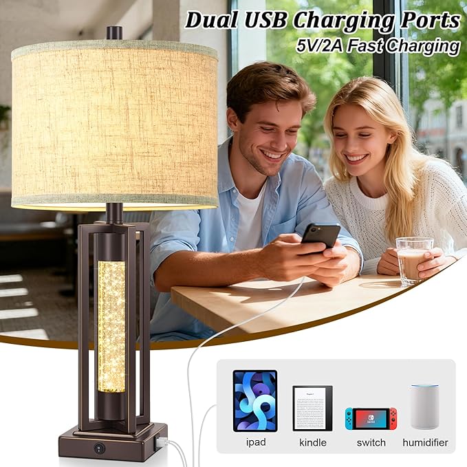 TOBUSA 26’’ Vintage Table Lamps for Living Room Set of 2, Farmhouse Lamps for Bedroom with 2 USB Ports and Crystal Night Light, Rustic Bedside Lamps with Linen Shade for Night Stands End Table, Brown