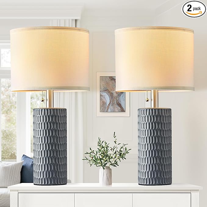 Reaketon Table Lamps for Living Room Set of 2, Ceramic Table Lamps for Bedroom, 20" Modern Lamps for Night Stands, Grey