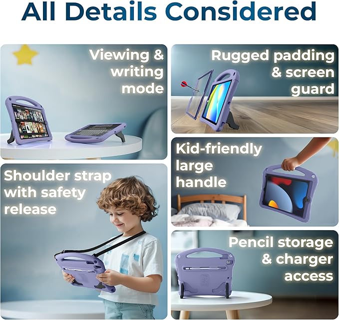 Bam Bino Space Suit iPad 9th Generation Case Kids, iPad 8th/7th/10.2 inch iPad Case for Kids | Lightweight Cover with Screen Protector, Handle, Stand, Shoulder Strap, Pencil Holder (Nebula Violet)