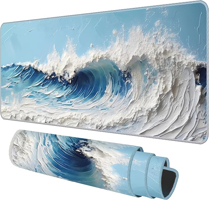 Galdas Gaming Mouse Pad XXL XL Large Long Extended Big Mousepad Non-Slip Rubber Keyboard Desk Pad with Stitched Edges for Laptop Home Office (31.5x11.8x0.08 Inch) … (Painting Waves)