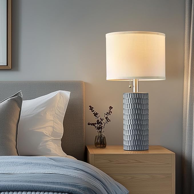 Reaketon Table Lamps for Living Room Set of 2, Ceramic Table Lamps for Bedroom, 20" Modern Lamps for Night Stands, Grey