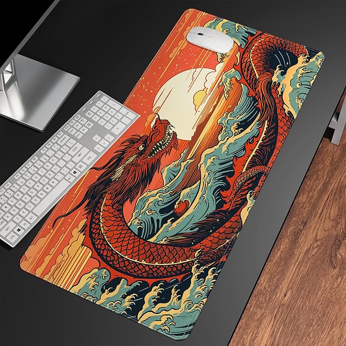 Wave Sea Dragon Gaming Mouse Pad,Anime Mouse Pad Gaming 31.5 x 15.7 in Mouse Mat Desk Pad,Extended Keyboard Pad Large Desk Mat Mousepad with Non-Slip Base and Stitched Edge for Office Home