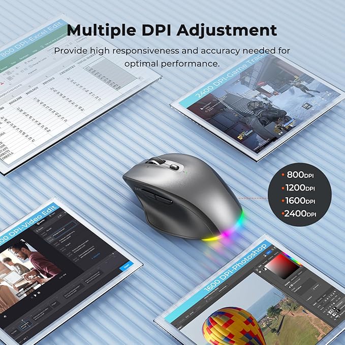 Doci Wireless Bluetooth Mouse, Tilt Wheel 4-Way Scrolling Mice, LED Rechargeable Ergonomic Mouse, 4 Adjustable DPI with 7 Buttons, Dual Mode USB+BT1+BT2, Mouse for Laptop/PC/Computer/iPad/Mac/Windows