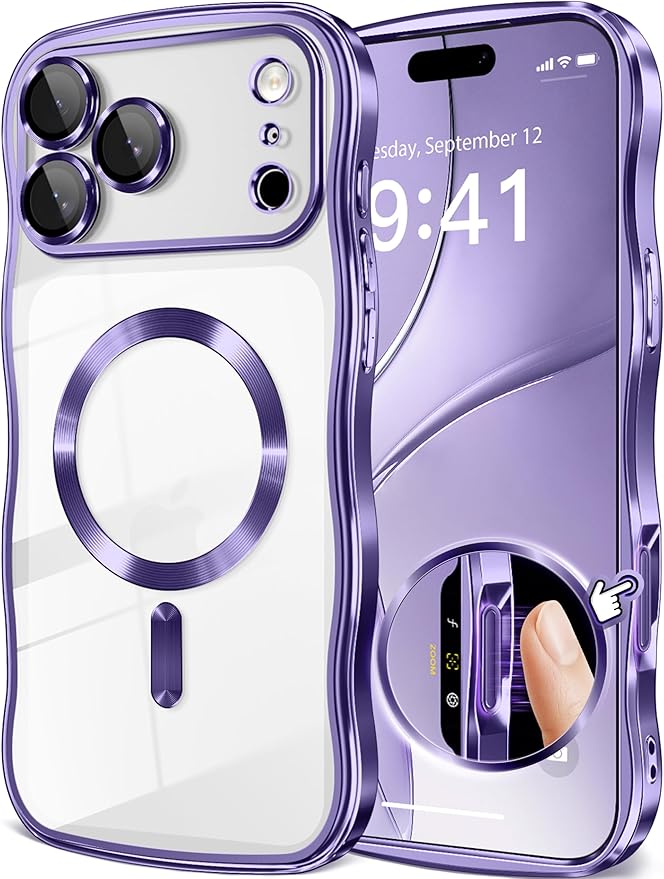 GVIEWIN for iPhone 17 Pro Case Compatible with MagSafe, Upgraded [Full Camera Protection][Cute Wave Frame][Military Grade Protection] Electroplated Hard Phone Cover for Women Girl, Clear/Purple