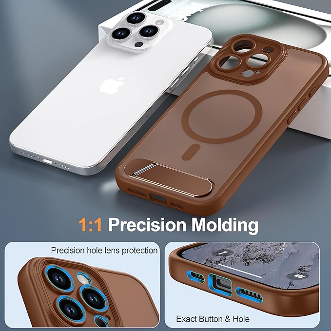 Magnetic Compatible with iPhone 15 Pro Max Case, [Built-in Kickstand][Full Camera Protection][Compatible with MagSafe][Anti-Fingerprint] Shockproof Phone Case for iPhone 15 Pro Max 6.7",Brown