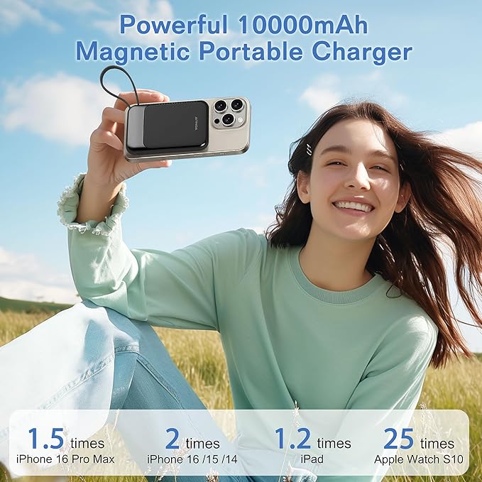 Magnetic Power Bank 10000mAh, Wireless Portable Charger with 15W Max Fast Charging & Built-in USB-C Cable, 22.5W PD LED Display Battery Pack Compatible with iPhone 17/16/15, Samsung Galaxy