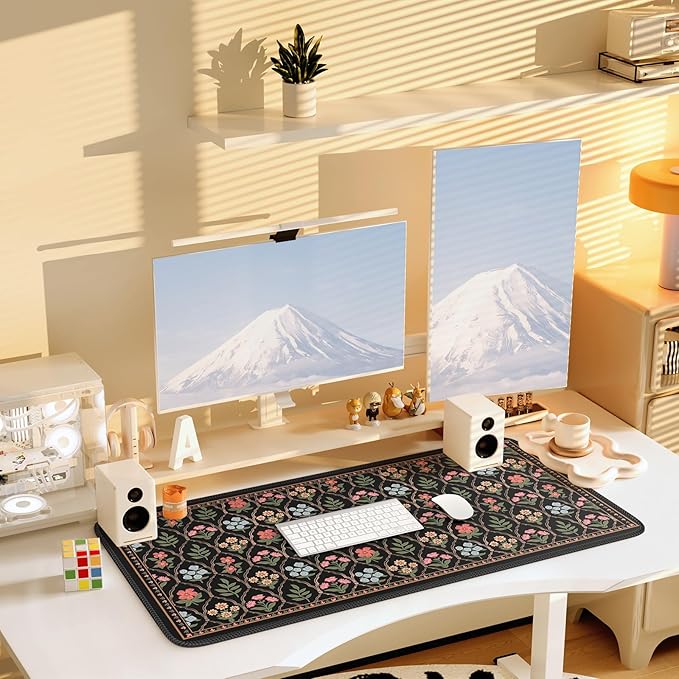 iCasso Floral Desk Pad Mat, Large Mouse Pad, Desk Matt for Desktop, Anti-Slip XXL Big Mousepad with Stitched Edges for Computer Keyboard (Black Moroccan)