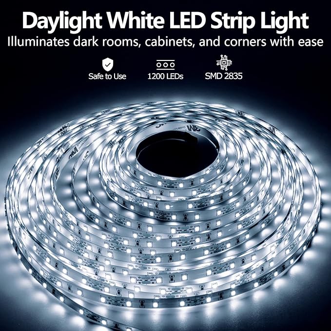LED Strip Lights White 65.6ft Dimmable 6000K Bright White Strip Lighting, 12V 20M 1200 LEDs 2835 Flexible led Light for Kitchen, Under Cabinet, Bedroom, Wardrobe.