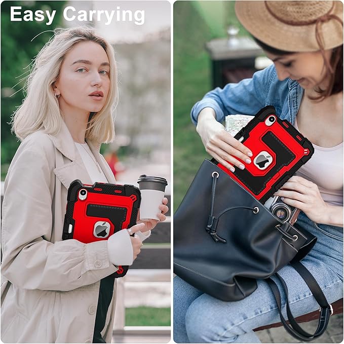 Kids Friendly Case for Apple iPad mini 7 A17 Pro 2024/iPad Mini 6 2021 8.3 Inch 7th/6th Gen Case with Pencil Holder & Shoulder Strap, Shockproof Kickstand Hard Shell Protective Cover,Black+Red