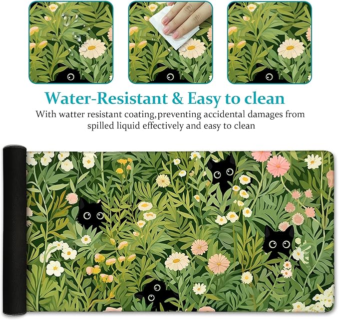 LIMKRIAN Anime Cat Mouse Pad Green Desk Mat, XL Gaming Mouse Pad with Stitched Edges Non-Slip, Large Keyboard Mat for Desktop Computer Laptop Work Home Cute Office Desk Accessories 31.5x11.8 in