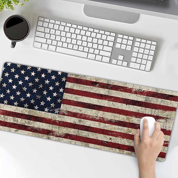 American Flag Mouse Pad Extended Large 35.4x15.7 in USA Flag Desk Mat Independence Day Large Mousepad XL Non-Slip Rubber Base Stitched Edge Gaming Mousepad PC Computer Desk Pad for Work Desktop