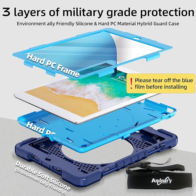 Andnary Case for iPad 6th/5th Generation 9.7 inch 2018/2017 Case, iPad Air 2/Pro 9.7 inch Heavy Duty Protective Cover with 360° Rotate Handle Stand, Pencil Holder, Shoulder Strap (Navy+Blue)
