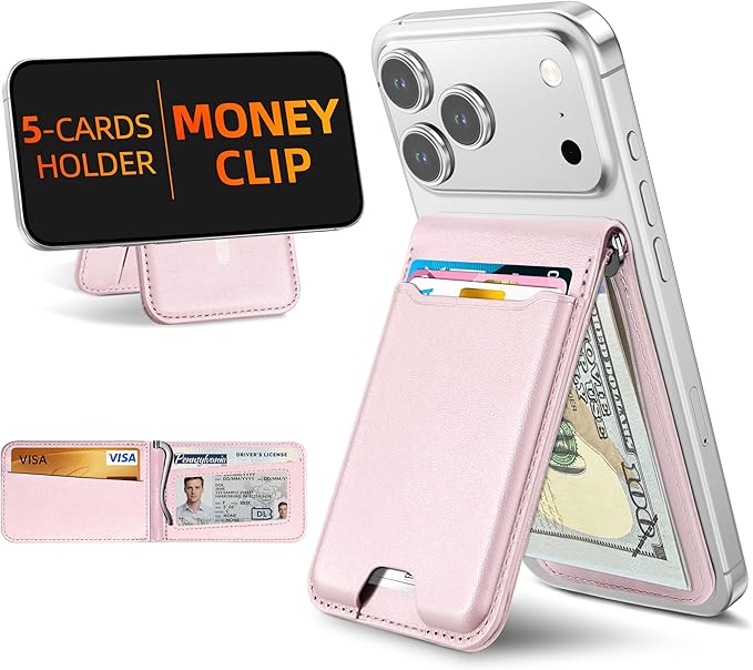 ExtreLife For Magsafe Wallet with Money Clip, Strongest Magnetic Wallet for iPhone 17/16/15/14/13/12 Series, Adjustable Stand, ID Window, 5 Card Holder, RFID Blocking, Not for 13/12 Mini, Baby Pink