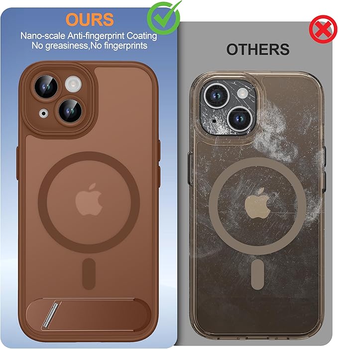 Magnetic Compatible with iPhone 15 Case, [Built-in Invisible Kickstand][Compatible with MagSafe][Full Camera Protection] Translucent Matte Phone Case for iPhone 15 6.1" Brown