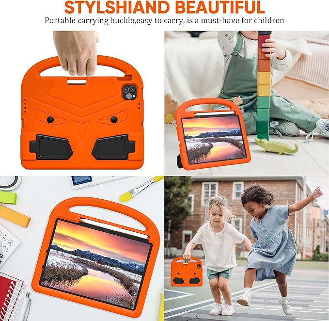 Kids Case for Apple iPad Air 11 inch M3/M2 & iPad Pro 11 inch M5/M4 (2025/2024) with Pencil Holder/Handle/Kickstand Lightweight Soft EVA Foam Shockproof Stand Girls Boys Cover, Orange Bird