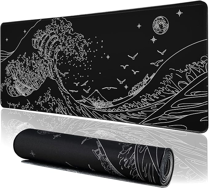 MEWOOCUE® Large Gaming Mouse Pad for Computer,Black Japanese Sea Wave Anime Mouse Mat,Long XXL Waterproof Keyboard Pads,Big Non-Slip Mouse Pads for Game Office Home（15.7 x 35.4 in）