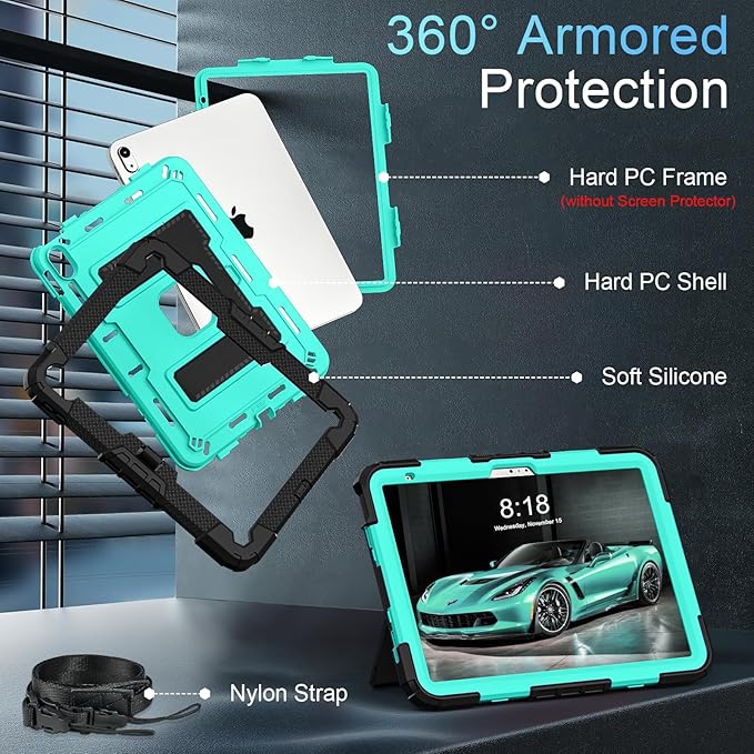 for iPad (A16) 11 Inch 11th /10th Generation 10.9 Inch iPad Case 10th Generation with Shoulder Strap,Heavy Duty Shockproof Cover for i Pad 11th/10th Gen,Black Mint