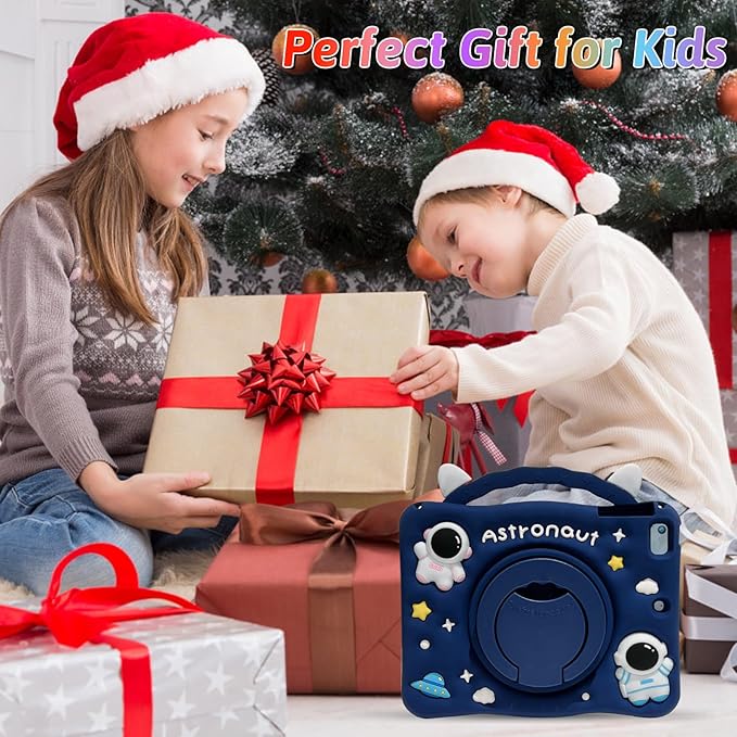 Dteck for iPad 10.9" 10th Generation Case Kids,Cute Cartoon 3D Unique Design Light Rotating Handle Stand Shoulder Strap Soft Silicone Funda Drop Rugged Shockproof Protective Kid-Proof Case,Astronaut