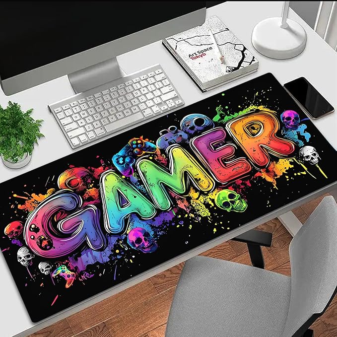 Gamer Blacklight Mouse Pad – UV Reactive Neon Gaming Desk Mat with Skull Design, Waterproof Extended Large Mousepad with Non-Slip Rubber Base for Computer Keyboard – 31.5" x 11.8"