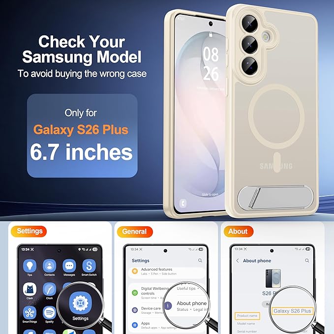 Magnetic for Samsung Galaxy S26+ Plus Case, [Compatible with MagSafe][Full Camera Protection][Built-in Invisible Kickstand] Translucent Matte Phone Case for S26 Plus 6.7" - White