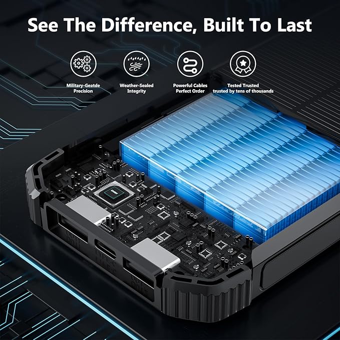 Solar Power Bank 20000mAh Wireless Portable Charger Built-in 3 Cables 15W USB-C Fast Charging Black Battery Pack Compatible with iPhone, Samsung, Emergency LED Flashlights Perfect for Camping, Hiking
