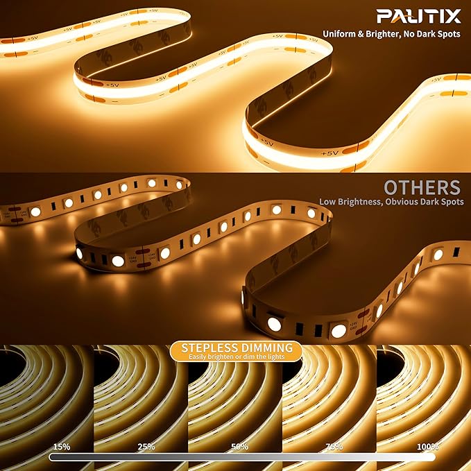 PAUTIX 5V USB COB LED Strip Light 6.56ft/2m 1200lm, Dimmable 640LEDs 2700K Warm White CRI90+ with RF Remote TV Backlight,Flexible Under Cabinet Tape Light for Bedroom,Kitchen,Home DIY Lighting