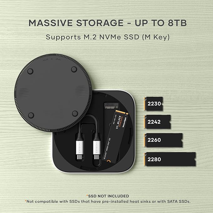 Satechi USB4 NVMe SSD Enclosure for Mac mini M4, M.2 NVMe SSD Enclosure with up to 40Gbps, up to 8TB, for Sizes 2280/2260/2242/2230mm, Compatible with Thunderbolt 5/4, USB4 (SSD Not Included)