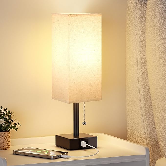 aooshine Small Linen Bedroom Lamp - 3 Color Temperature 3000K 5000K 4000K Bedside Lamp, Pull Chain Control, USB A and C Charging Ports, Black Base, for Kids Office Dorm, Bulb Included