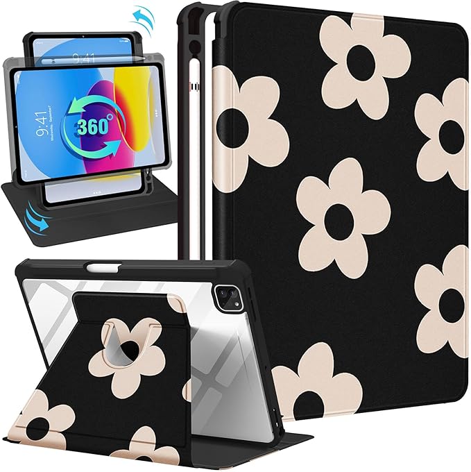 Uppuppy for iPad Air 11 inch Case, Air 5th/4th Generation 10.9, Pro 11'' Case Women Girls for Apple Pencil Holder Flower Cute Rotating Folio Cover for iPad Air 11 2024 (M2), 10.9 2022 2020, Pro 11