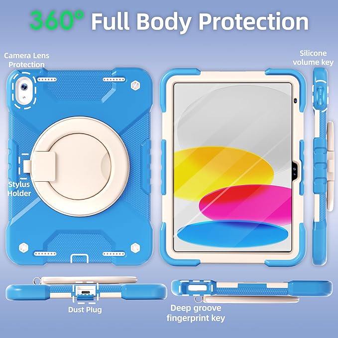 Andnary Case for iPad (A16) 11th Generation 11 inch 2025/10th Generation 10.9 inch 2022, Shockproof Cover with Screen Protector/360° Rotate Handle/Bracket/Pen Holder/Shoulder Strap (Blue+White)