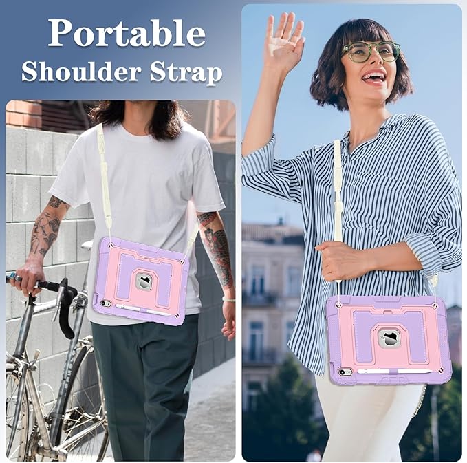 Kids Friendly Case for iPad A16 11th Generation 11 Inch 2025 / iPad 10th Generation 10.9" 2022 Case with Pencil Holder & Shoulder Strap, Hybrid iPad 11 10 Cover Rugged Shockproof Kickstand,Pink+Purple