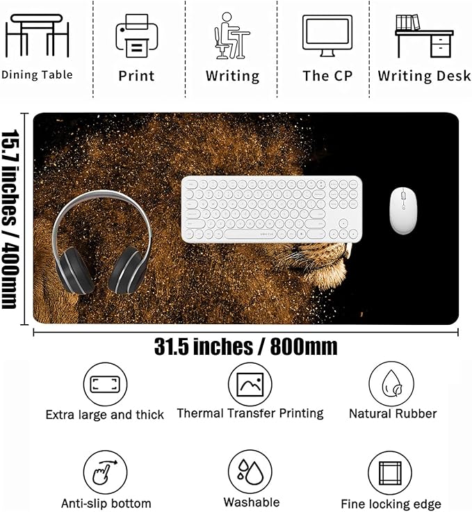 Large Gaming Mouse Pad 31.5"x15.7"｜ Golden Lion-Themed XXL Keyboard Pad, Mouse Mat, Desk Pad, Non-Slip Rubber Base & Stitched Edges Desk Mat- Big Extended Mousepad for PC/Laptop/Office/Home Decor
