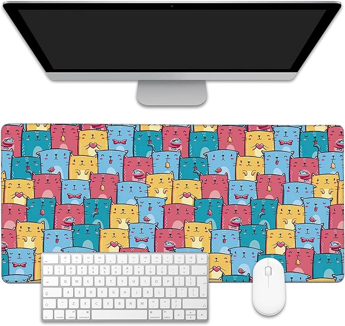 Kawaii Colorful Cats Desk Mat,Large Gaming Mouse Pad,Non-Slip Rubber Base Desk Pad with Stitched Edges for Desk Office Home Decor 35.4X15.7 Inch