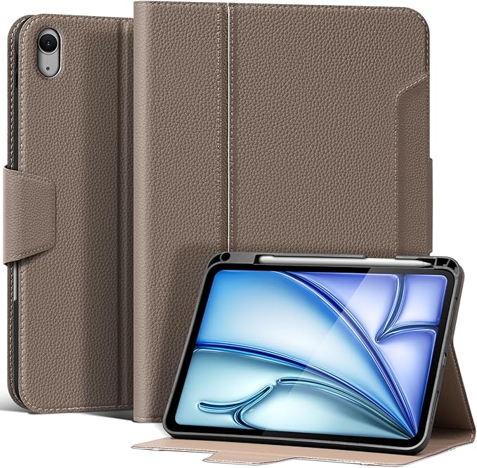 Leather Case for iPad Air 11" M4/M3/M2 (2026/2025/2024) & 10.9" 5th/4th Gen (2020/2022) with Pencil Holder & Buckle, Auto Wake/Sleep, Shockproof Adjustable Stand,Gray Brown