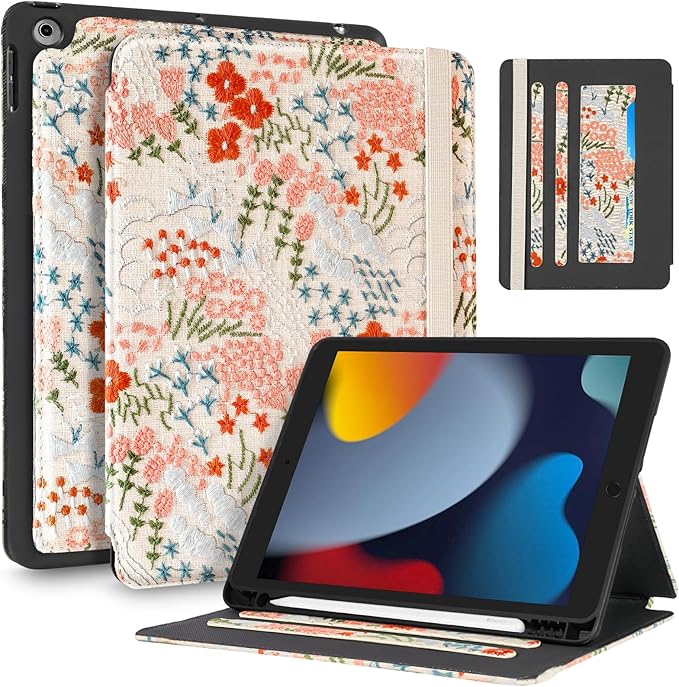 Uppuppy for iPad 9th/8th/7th Generation Case 10.2'' - for Women Girls Cute Embroidered Folio Stand Cover with Pencil Holder & Card Slot Girly Floral Flowers Design Aesthetic Cases for iPad 7th/8th/9th