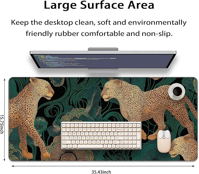35.4 x 15.7 in, XXL Large Mouse Pad for Desk, Extended Keyboard Mouse Mat for Computer Office, Big Mouse pad with Stitched Edges, Gaming Pc-Leopards on Tropica