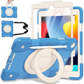 Andnary Case for iPad 9th/8th/7th Generation 10.2 inch, Shockproof Cover with Screen Protector/360° Rotate Stand/Pencil Holder/Shoulder Strap, Kids Case for iPad 2021/2020/2019 (Blue+White)
