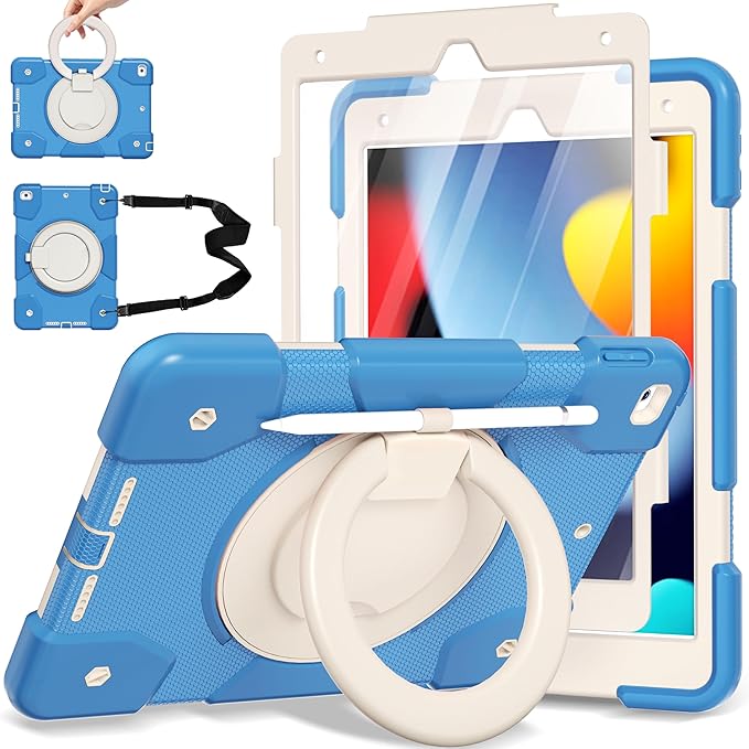 Andnary Case for iPad 9th/8th/7th Generation 10.2 inch, Shockproof Cover with Screen Protector/360° Rotate Stand/Pencil Holder/Shoulder Strap, Kids Case for iPad 2021/2020/2019 (Blue+White)