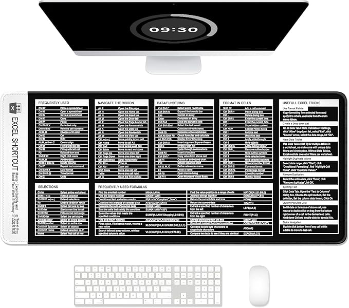 Excel Shortcut Keys Mouse Pad, Large Extended XL XXL Cheat Sheet Gaming Mouse Pad, Office Spreadsheet Desk Mat, Long Big Keyboard Mat, Desk Pad for Desktop, Non-Slip, Stitched, 35.4" x 15.7", Black
